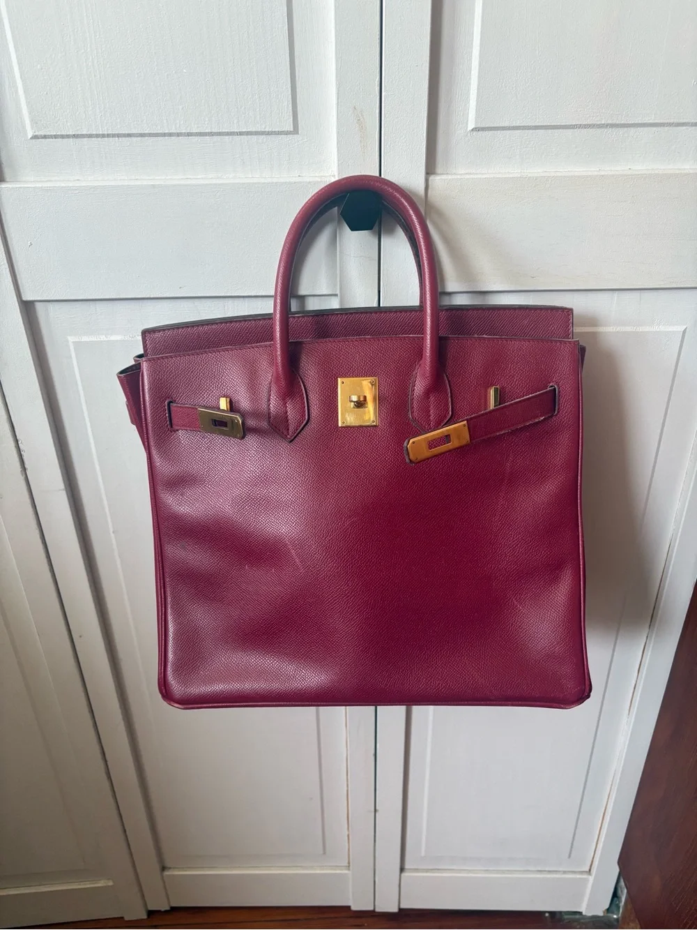 Burgundy Leather Tote with Gold Hardware - vintage birkin reproduction - Picture 1 of 3